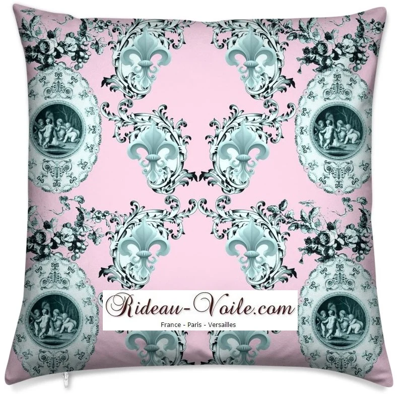 Toile de Jouy tissu rose au mètre motif Anges fleur de lys vert Enkeli verho kangas.