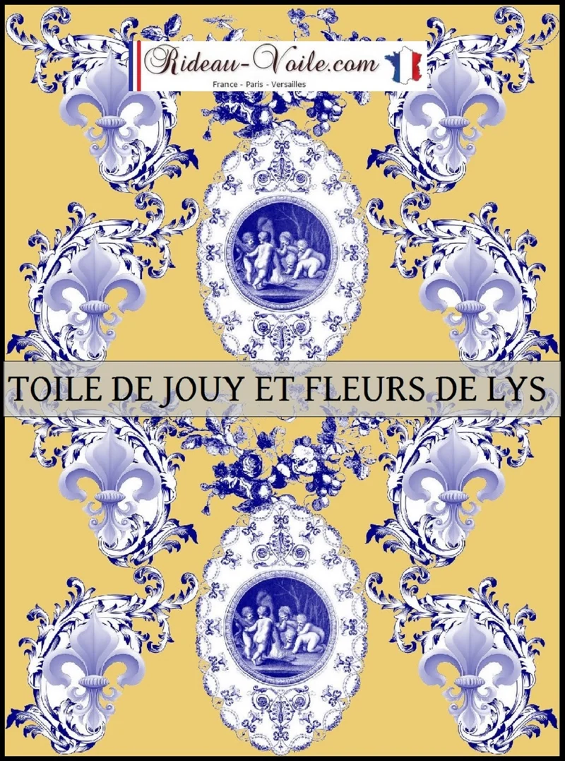 Toile de Jouy tissu jaune au mètre motif Anges fleur de lys bleu Tecido cortina Anjos