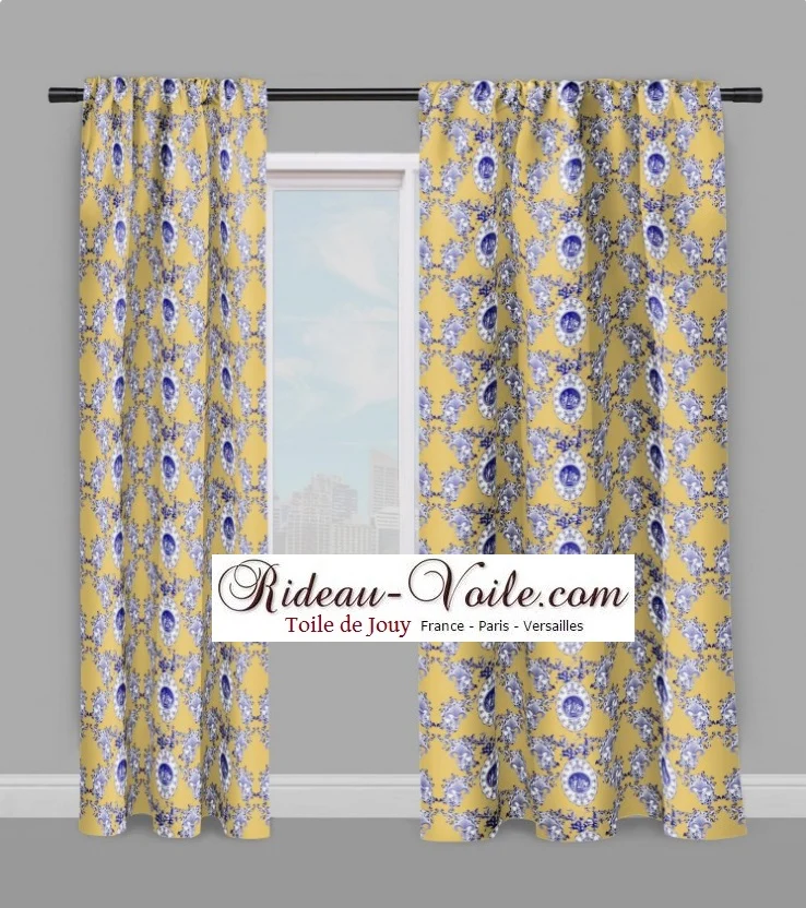 Toile de Jouy tissu jaune au mètre motif Anges fleur de lys bleu Tecido cortina Anjos