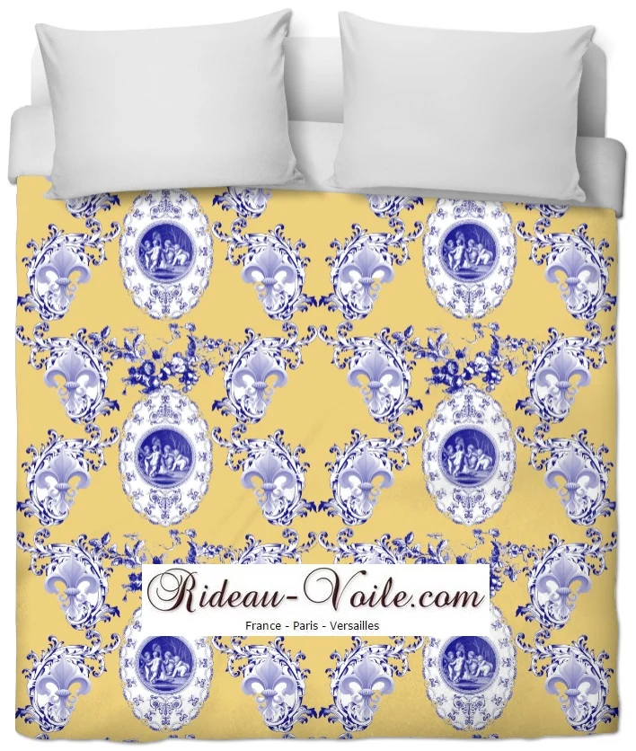 Toile de Jouy tissu jaune au mètre motif Anges fleur de lys bleu Tecido cortina Anjos
