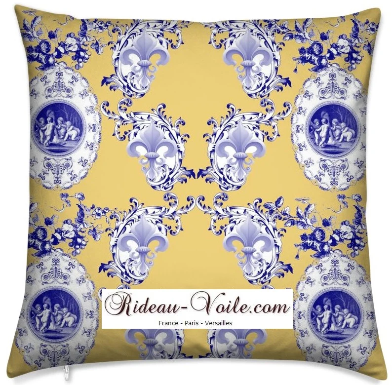Toile de Jouy tissu jaune au mètre motif Anges fleur de lys bleu Tecido cortina Anjos
