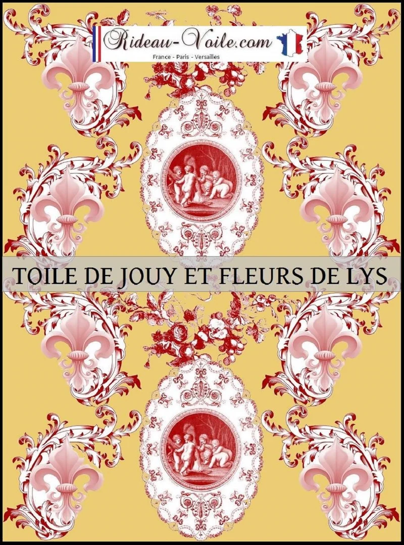 Toile de Jouy tissu jaune mètre motif Anges fleur de lys rouge Empire fabric cherub