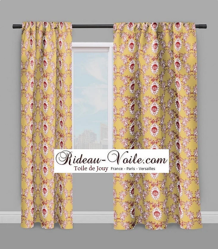 Toile de Jouy tissu jaune mètre motif Anges fleur de lys rouge Empire fabric cherub