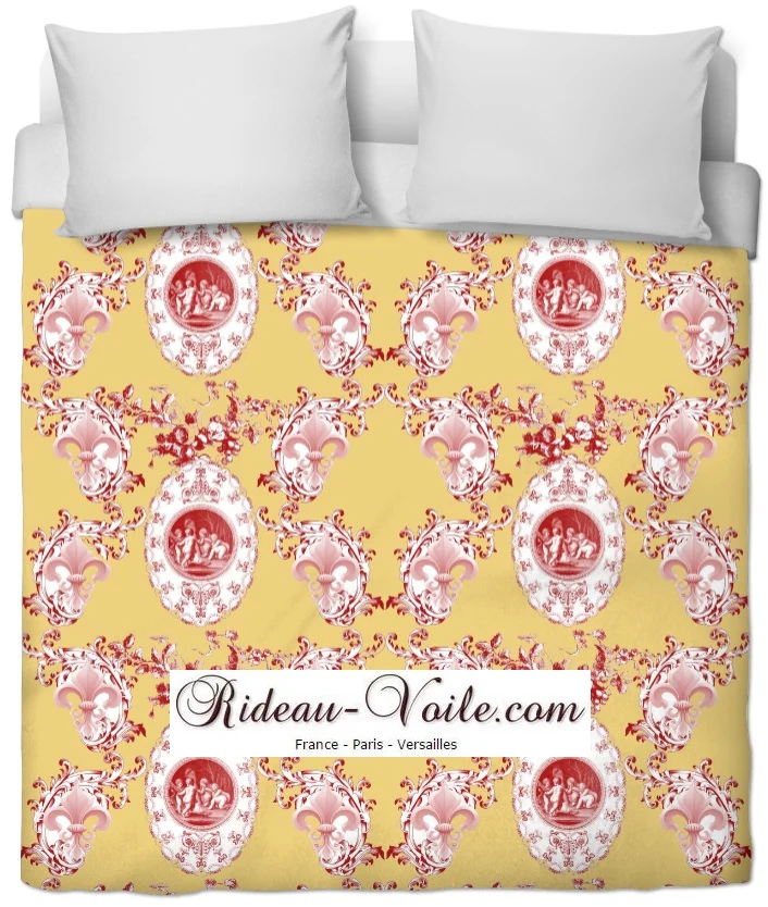 Toile de Jouy tissu jaune mètre motif Anges fleur de lys rouge Empire fabric cherub