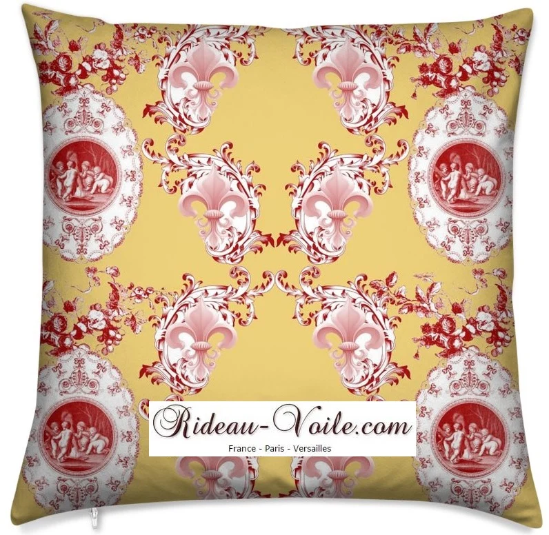 Toile de Jouy tissu jaune mètre motif Anges fleur de lys rouge Empire fabric cherub