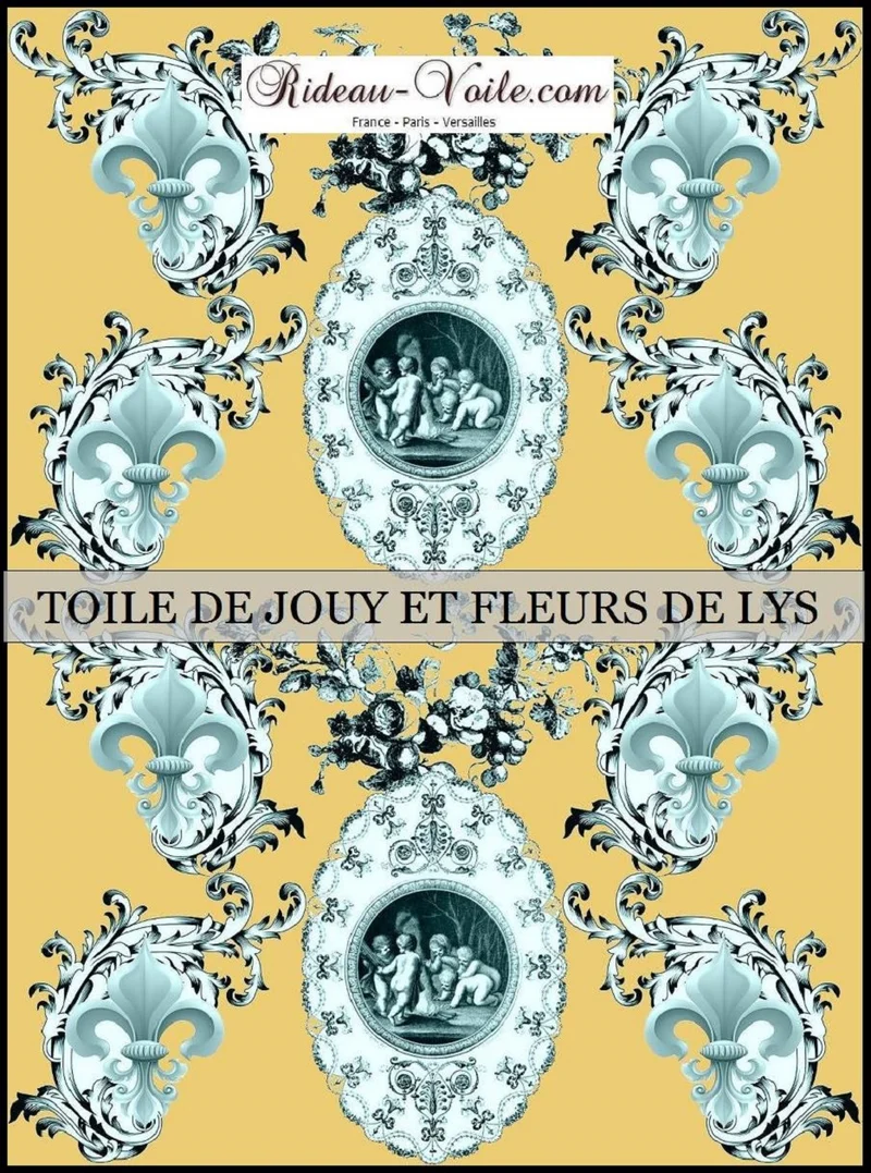 Toile de Jouy tissu jaune au mètre motif Angelots fleur de lys. Enkeli verho kangas.