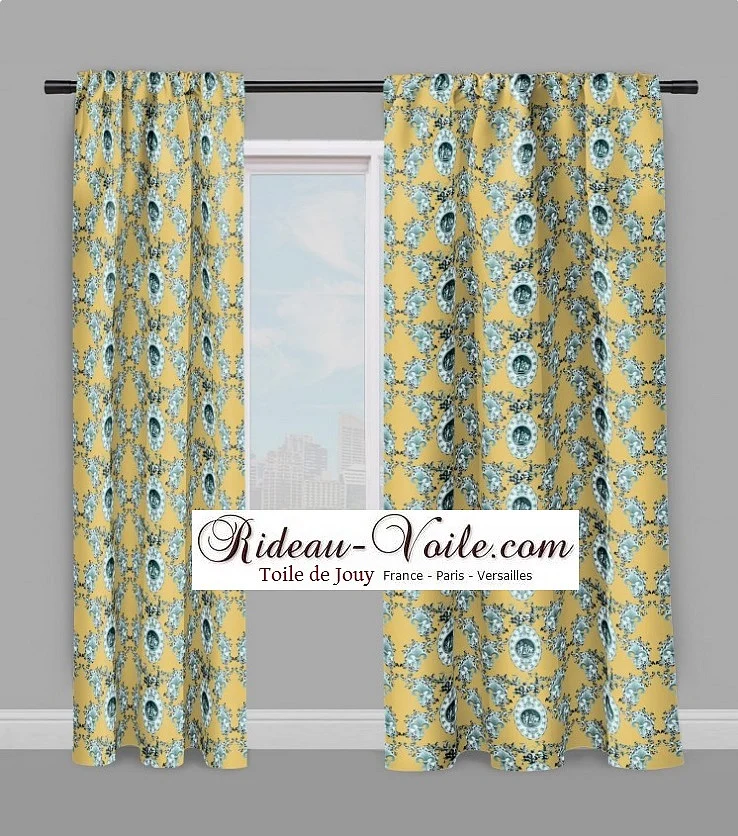 Toile de Jouy tissu jaune au mètre motif Angelots fleur de lys. Enkeli verho kangas.
