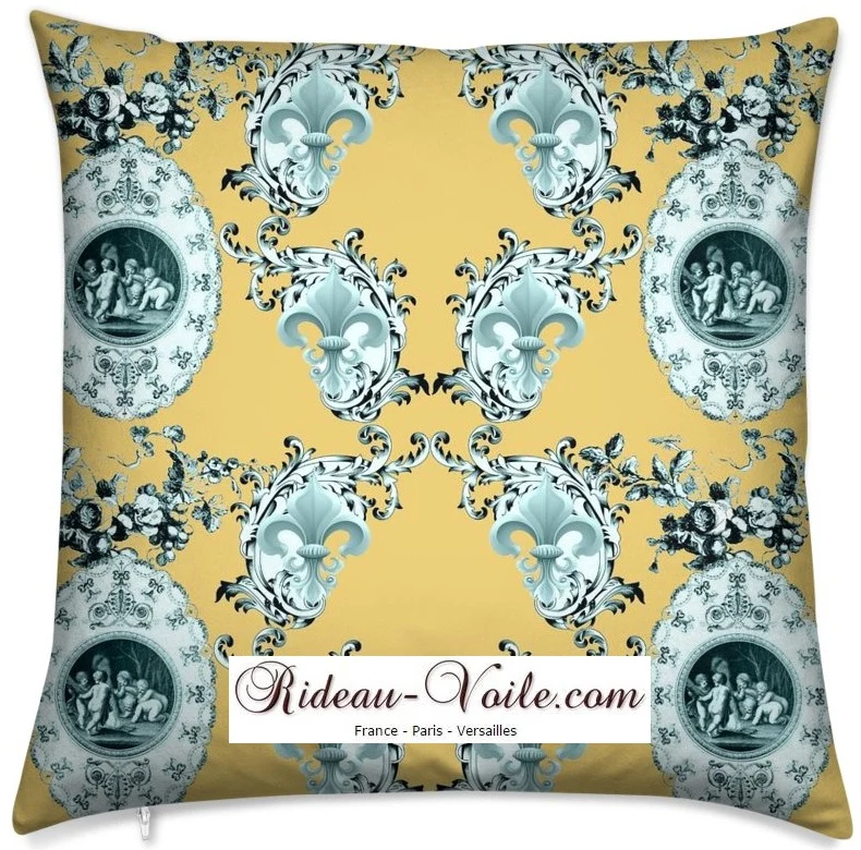 Toile de Jouy tissu jaune au mètre motif Angelots fleur de lys. Enkeli verho kangas.