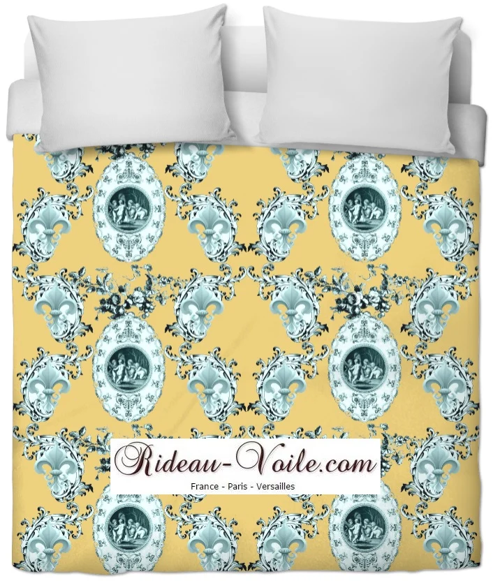 Toile de Jouy tissu jaune au mètre motif Angelots fleur de lys. Enkeli verho kangas.
