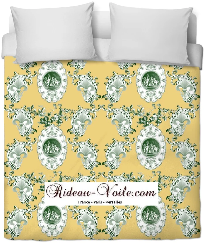 Toile de Jouy tissu jaune au mètre motif Anges fleur de lys vert