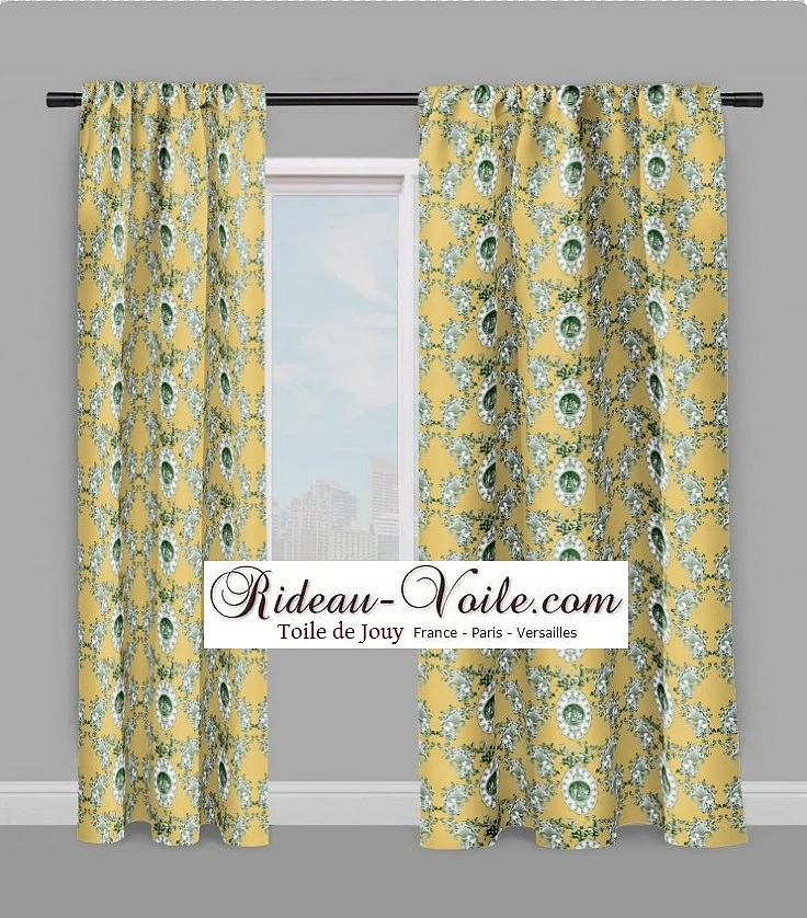 Toile de Jouy tissu jaune au mètre motif Anges fleur de lys vert
