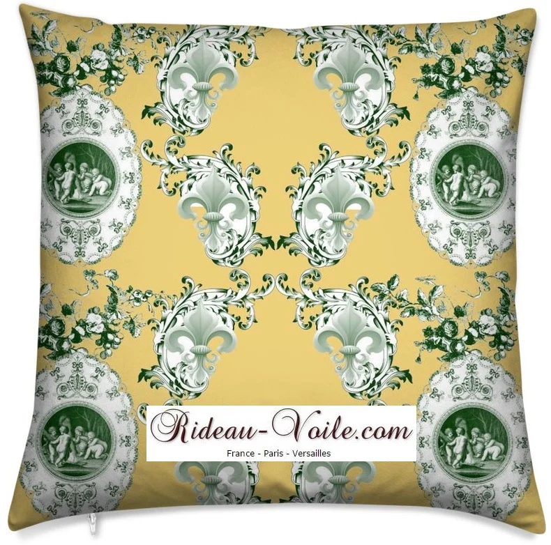 Toile de Jouy tissu jaune au mètre motif Anges fleur de lys vert
