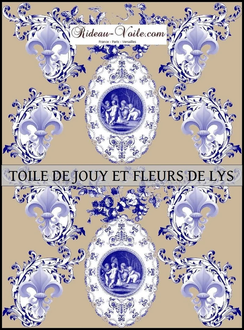 Toile de Jouy tissu beige au mètre motif Anges fleur de lys bleu Tecido cortina Anjos.
