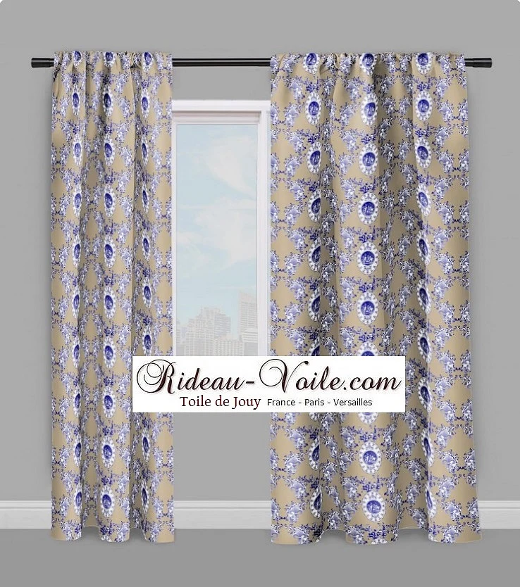 Toile de Jouy tissu beige au mètre motif Anges fleur de lys bleu Tecido cortina Anjos.