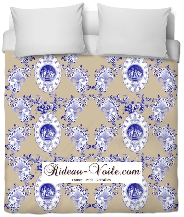 Toile de Jouy tissu beige au mètre motif Anges fleur de lys bleu Tecido cortina Anjos.