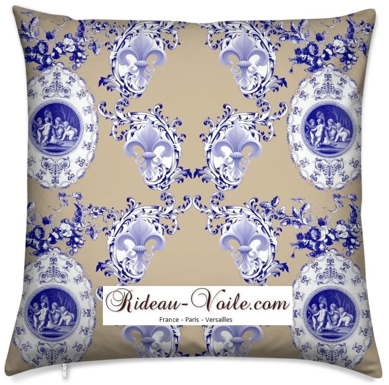 Toile de Jouy tissu beige au mètre motif Anges fleur de lys bleu Tecido cortina Anjos.