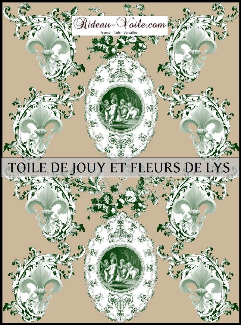 Toile de Jouy tissu beige au mètre motif Anges fleur de lys vert Engel stoff Gardin stof