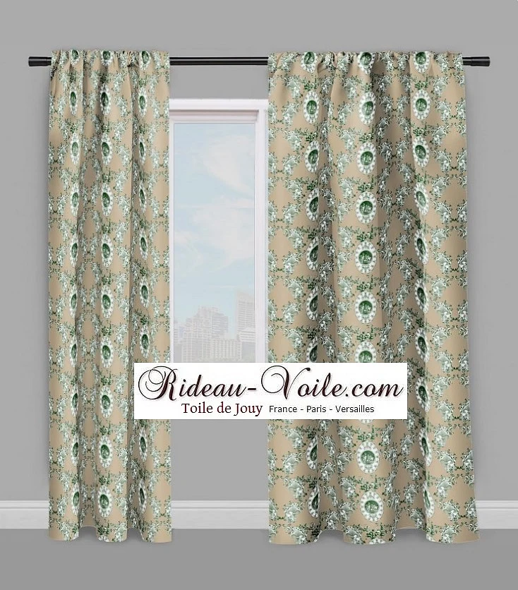 Toile de Jouy tissu beige au mètre motif Anges fleur de lys vert Engel stoff Gardin stof