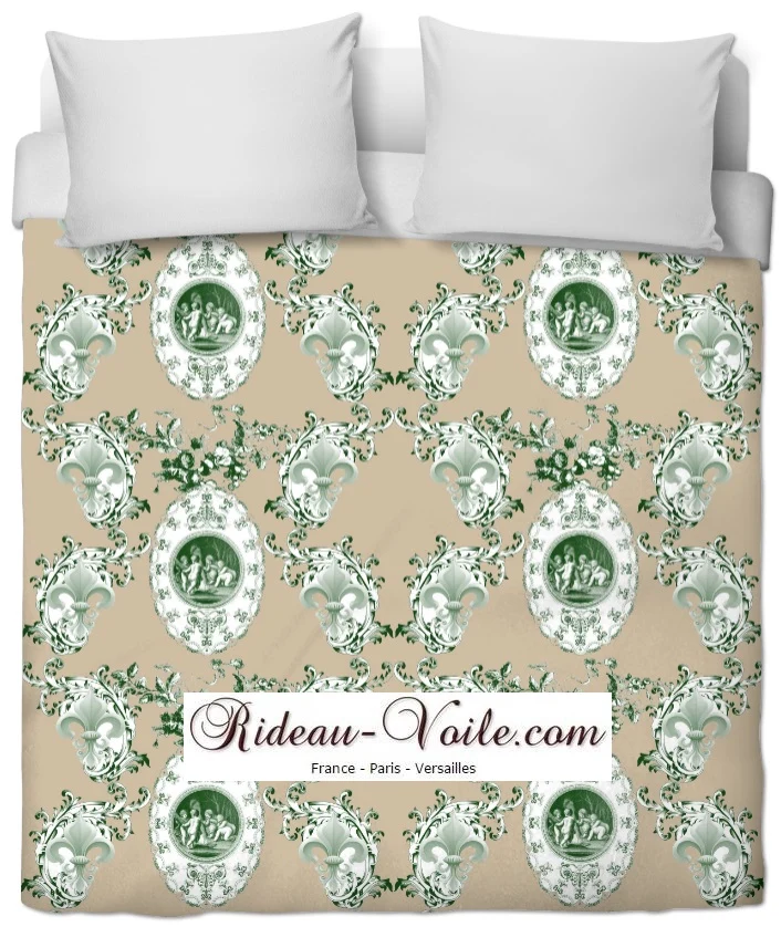 Toile de Jouy tissu beige au mètre motif Anges fleur de lys vert Engel stoff Gardin stof