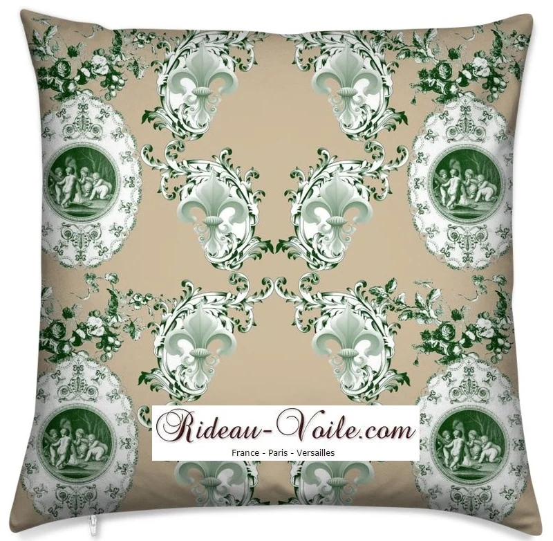 Toile de Jouy tissu beige au mètre motif Anges fleur de lys vert Engel stoff Gardin stof