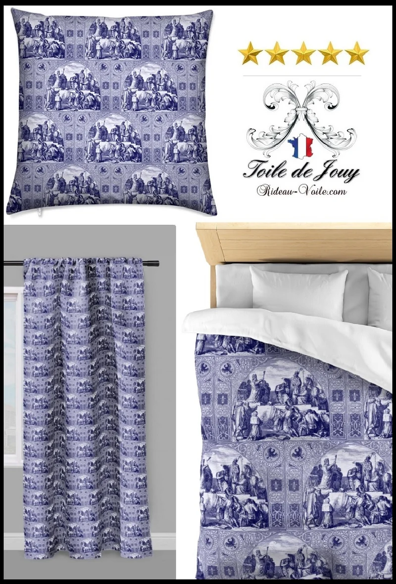 Toile de jouy Tissu ameublement style Moyen Age motif bleu Médiéval tapisserie