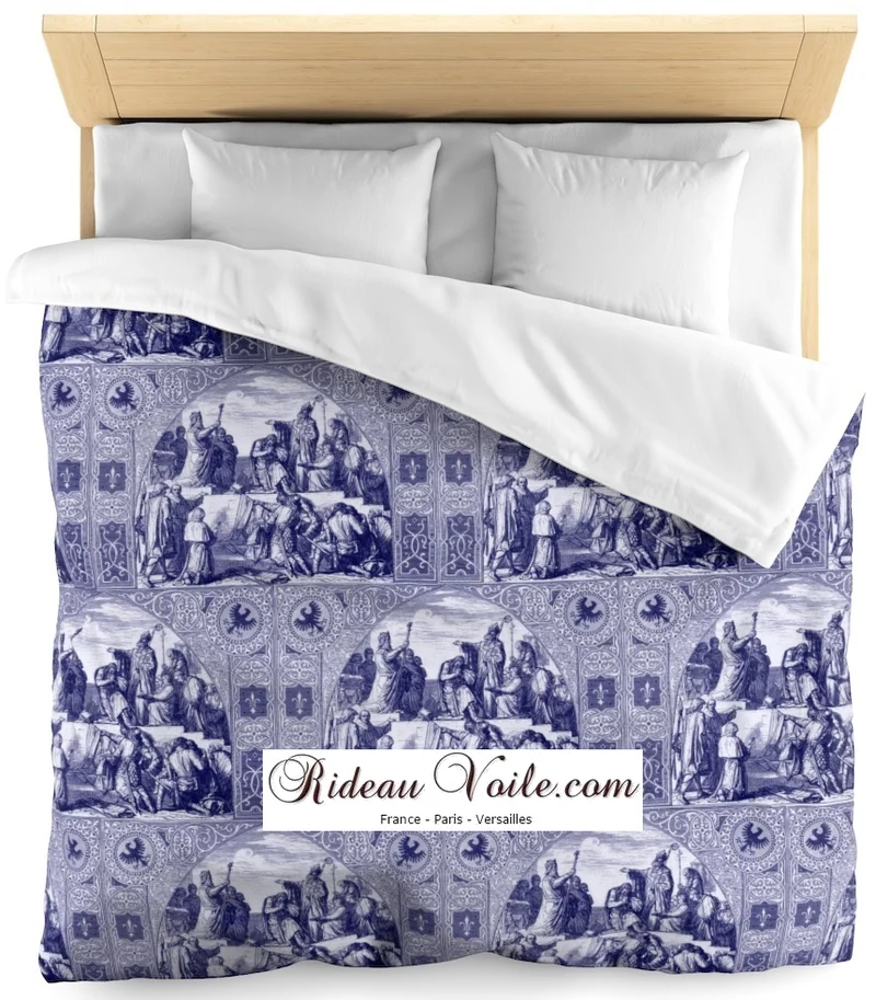 Toile de jouy Tissu ameublement style Moyen Age motif bleu Médiéval tapisserie