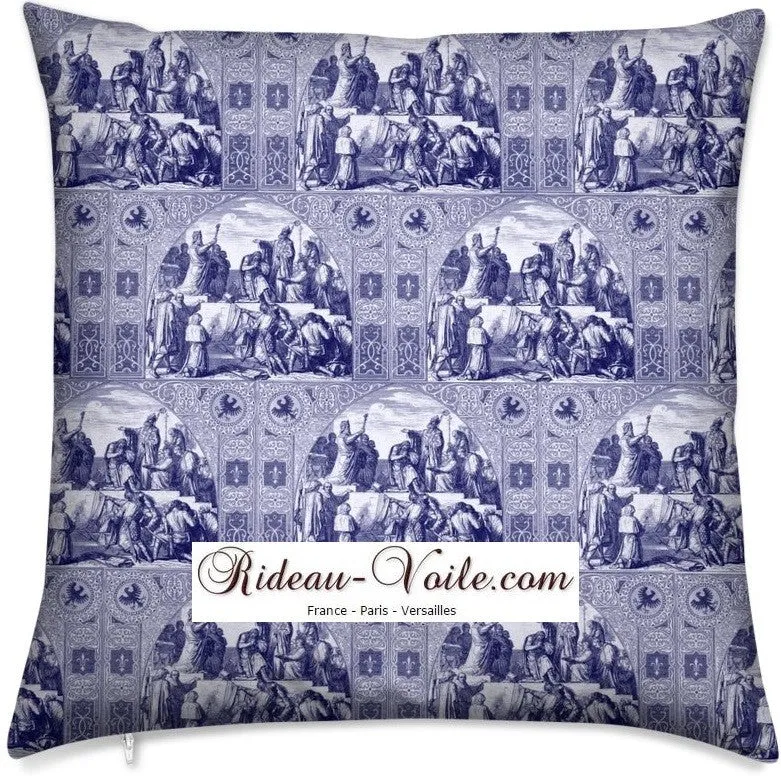 Toile de jouy Tissu ameublement style Moyen Age motif bleu Médiéval tapisserie