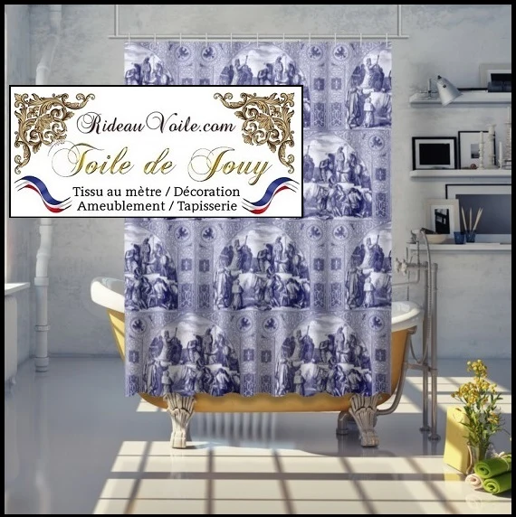 Toile de jouy Tissu ameublement style Moyen Age motif bleu Médiéval tapisserie