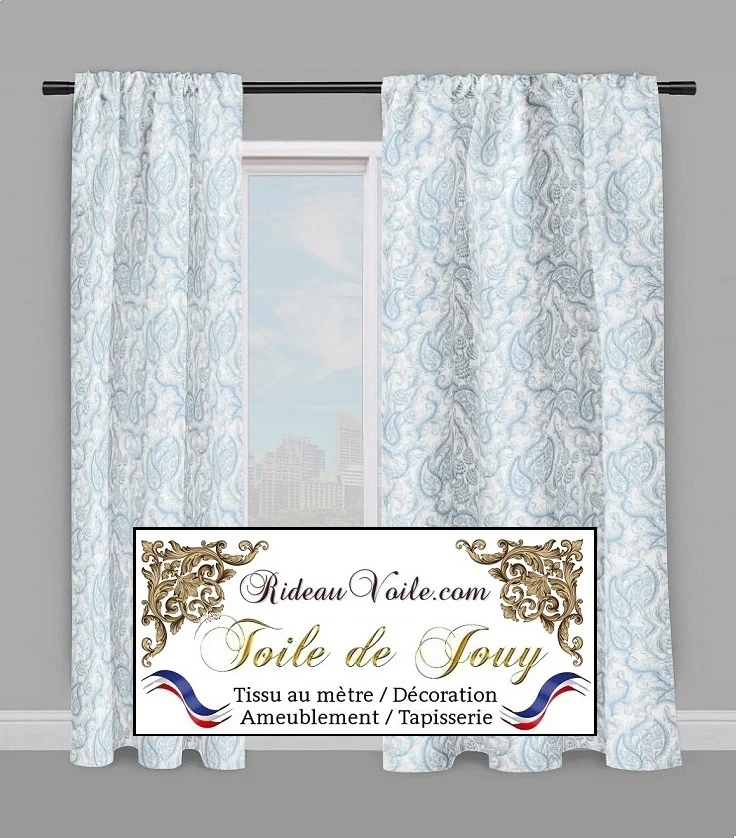Toile de Jouy bleu tissu ameublement haut gamme motif cachemire Paisley Indiennes