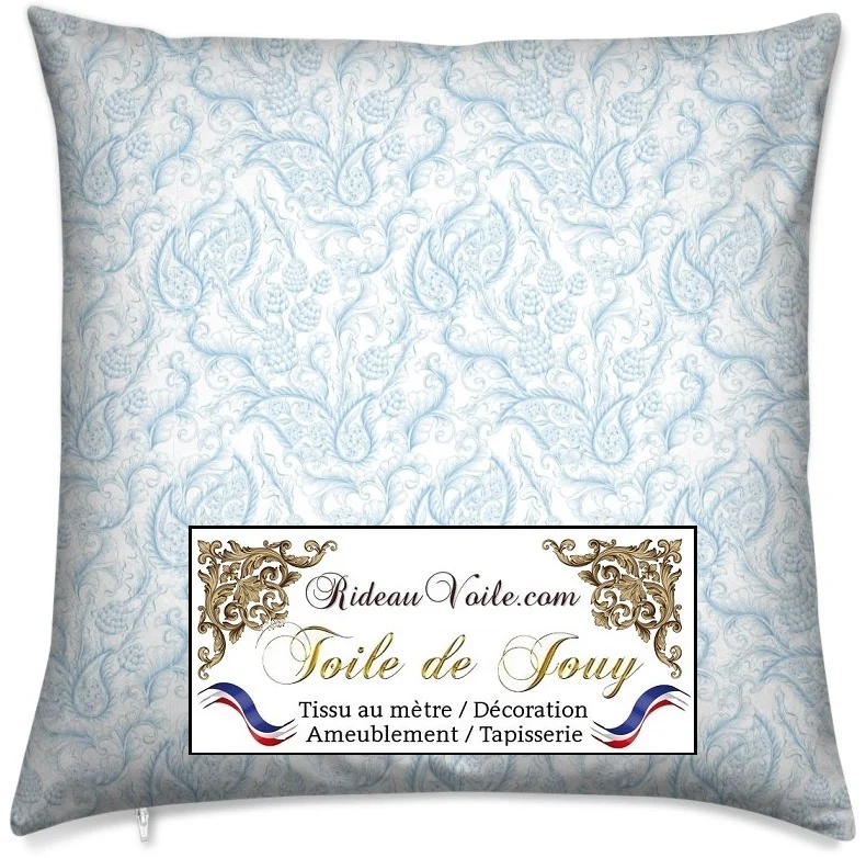 Toile de Jouy bleu tissu ameublement haut gamme motif cachemire Paisley Indiennes