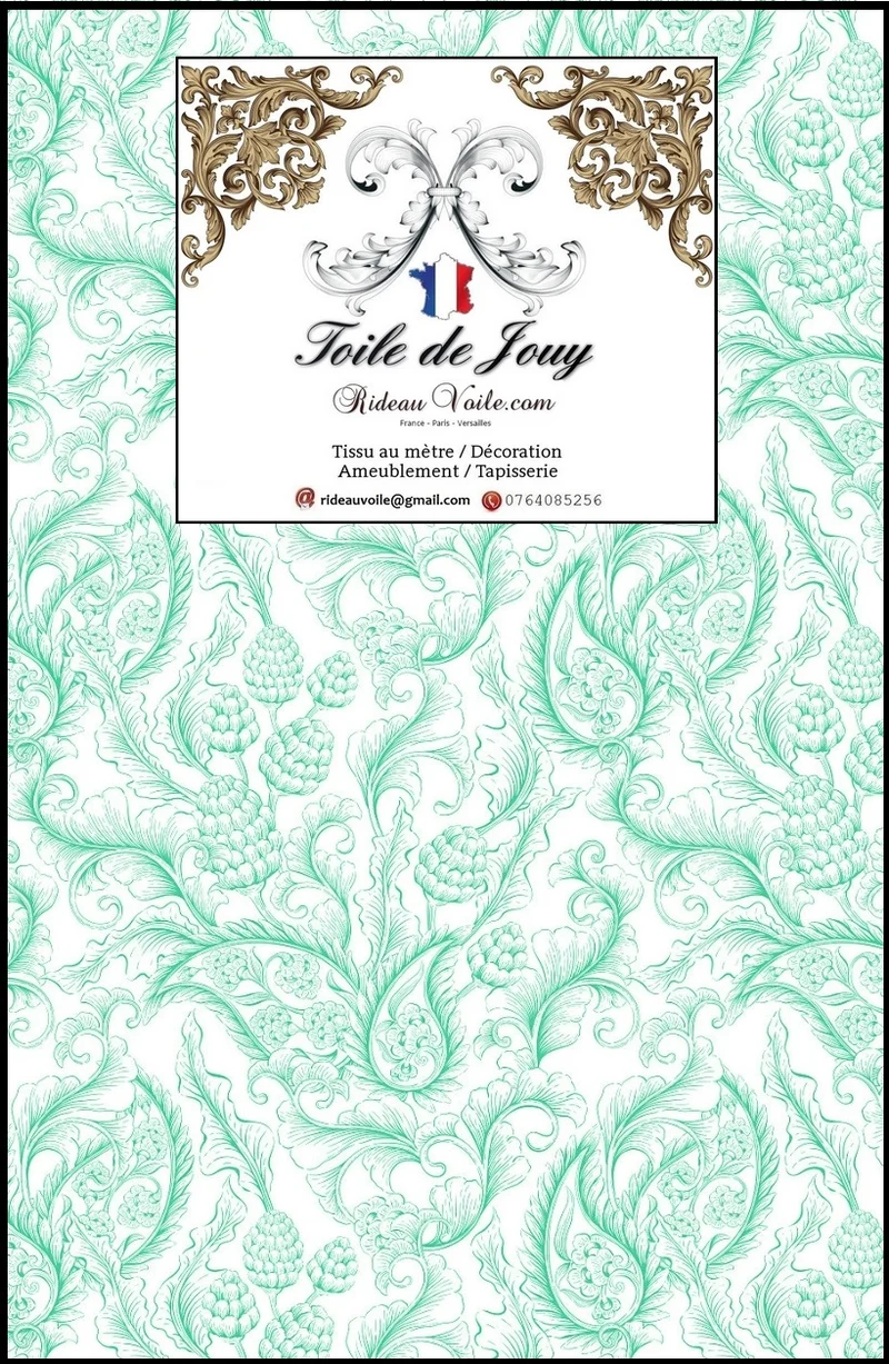 Toile de Jouy vert tissu ameublement motif cachemire Paisley au mètre