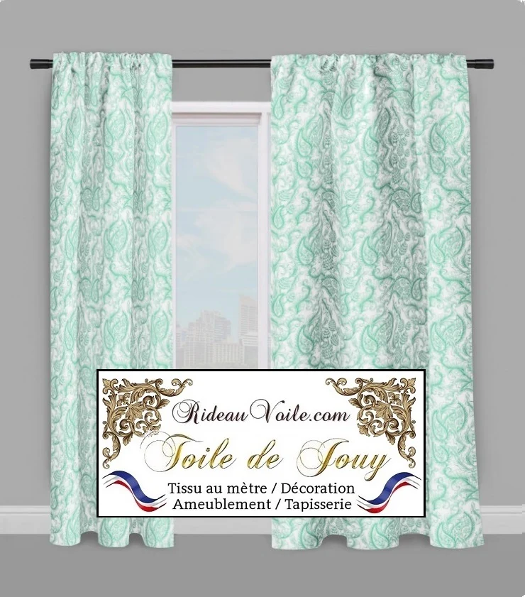 Toile de Jouy vert tissu ameublement motif cachemire Paisley au mètre