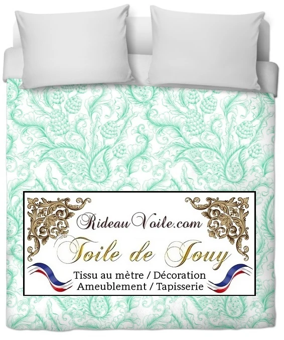 Toile de Jouy vert tissu ameublement motif cachemire Paisley au mètre