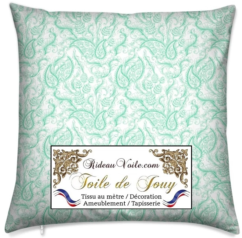Toile de Jouy vert tissu ameublement motif cachemire Paisley au mètre