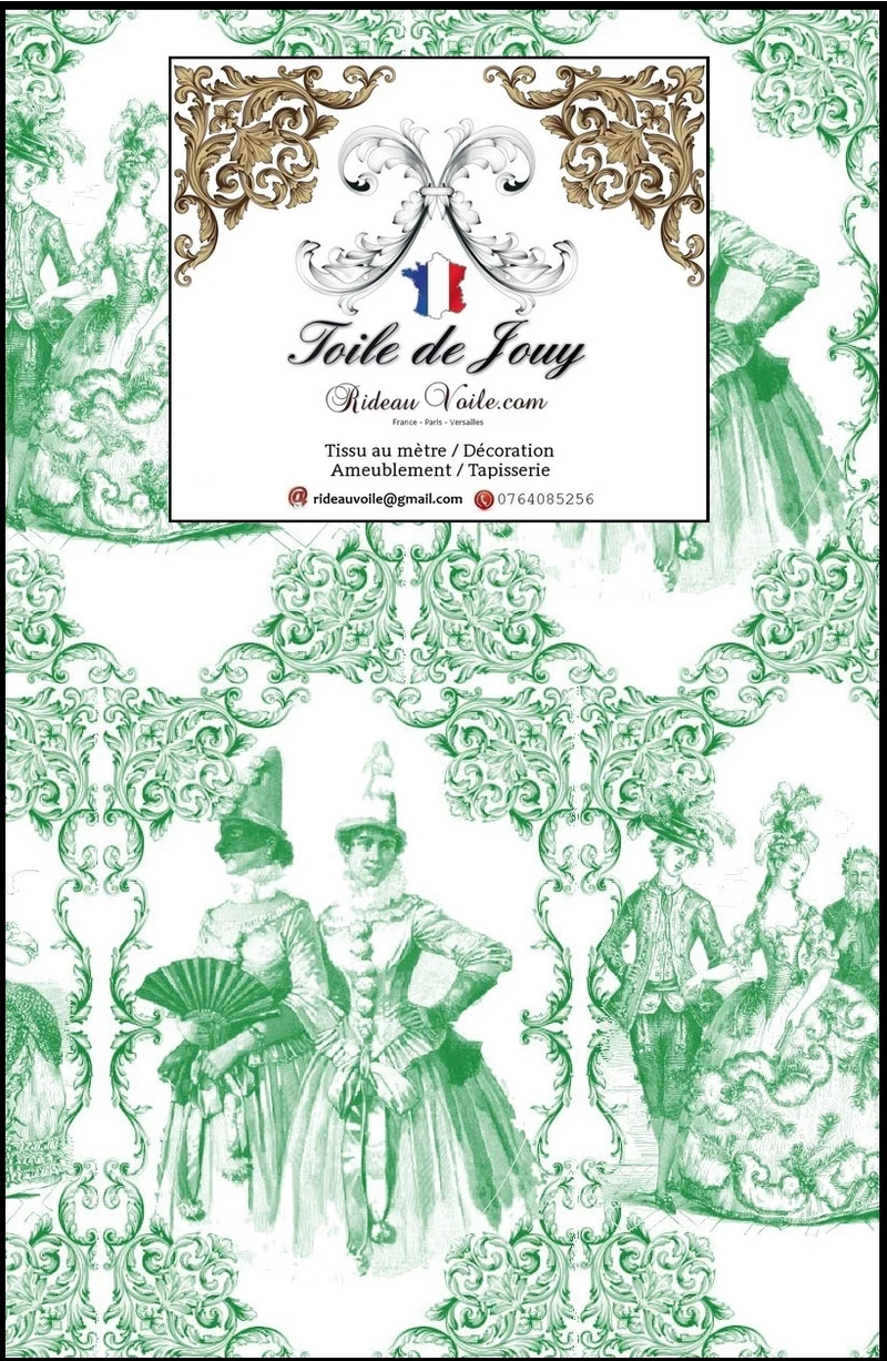 Rideau voilage Toile de Jouy vert tissu au mètre. Stoff Mete Vorhangstoff rido Empire