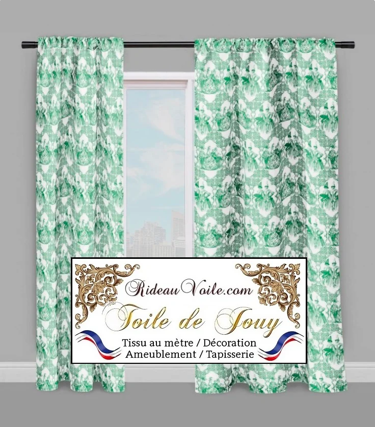 Rideau voilage Toile de Jouy vert tissu au mètre. Stoff Mete Vorhangstoff rido Empire