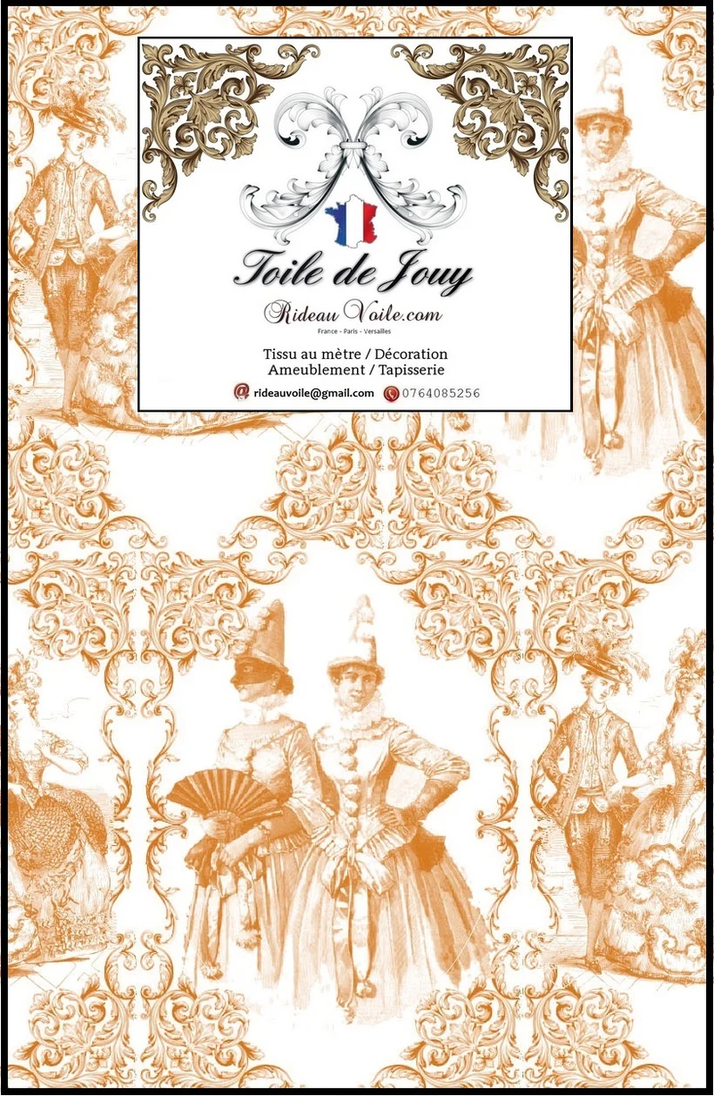 Rideauvoile Toile de Jouy orange Empire tissu ameublement mètre voilage rideau