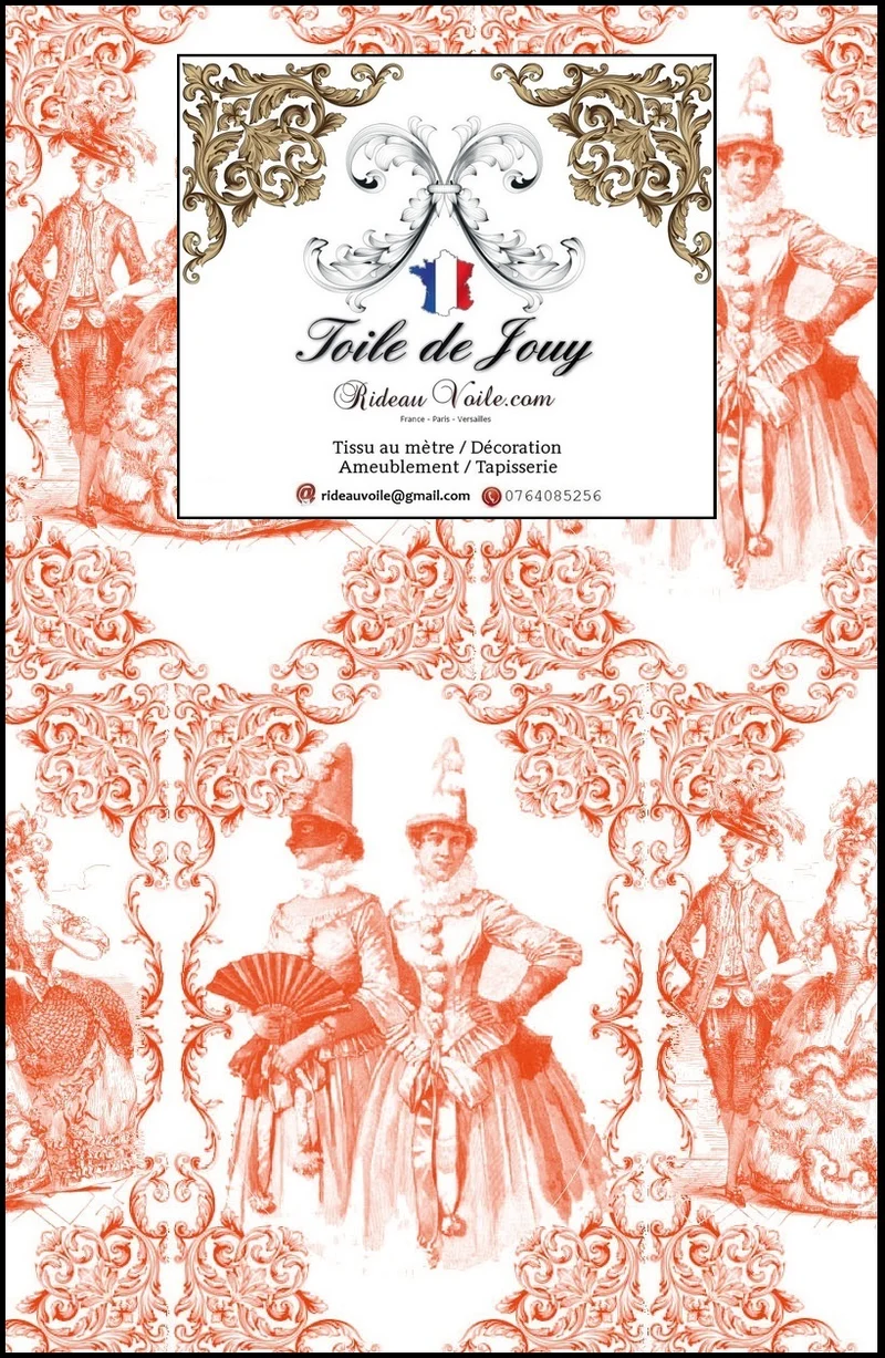 Toile de Jouy orange tissu ameublement Gardib stof måleren Verhokangas kangas