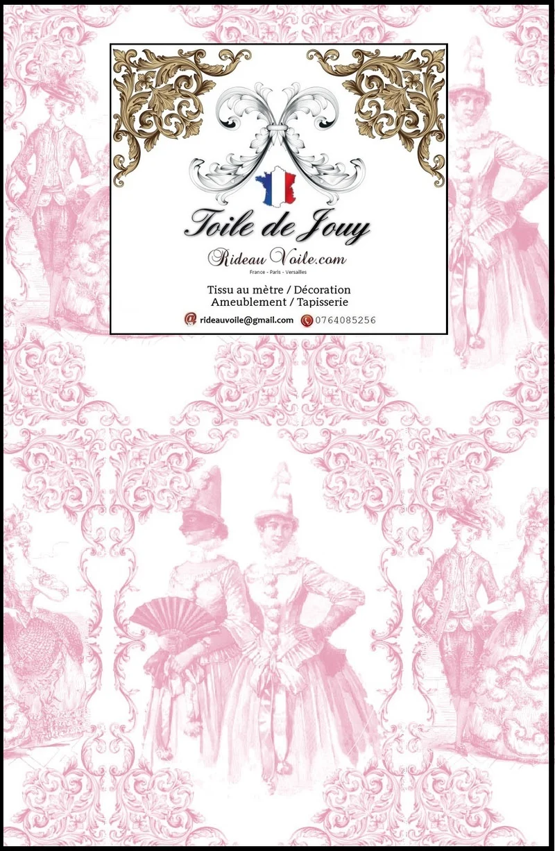 Tissu ameublement décod' intérieur style toile de Jouy rose tissu au mètre rideau