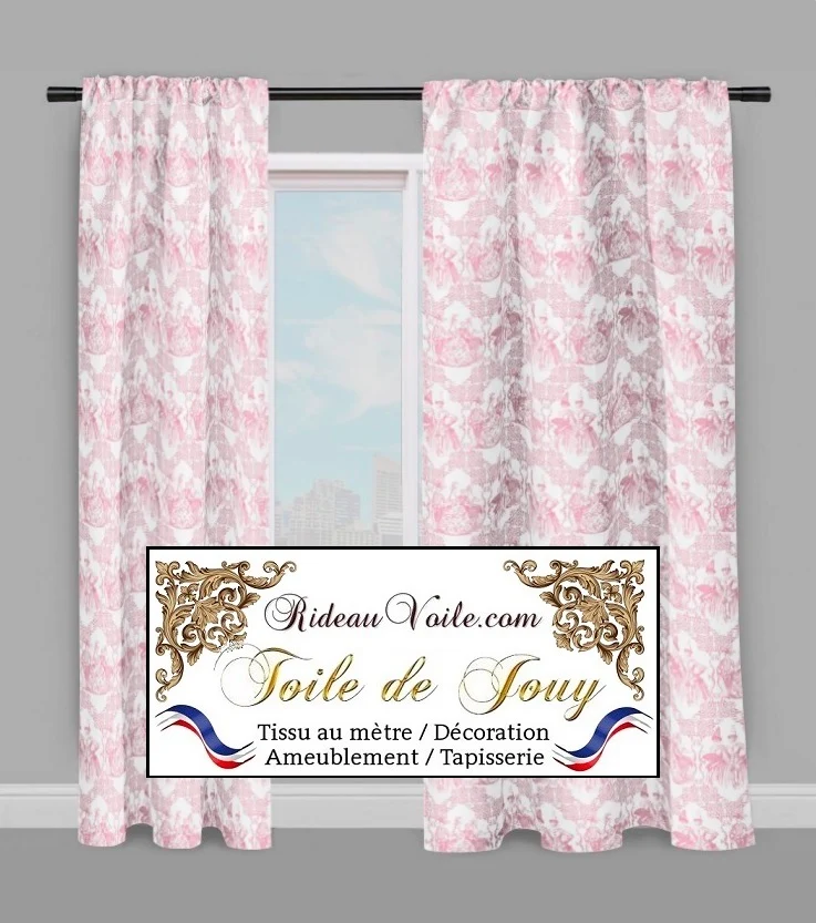 Tissu ameublement décod' intérieur style toile de Jouy rose tissu au mètre rideau