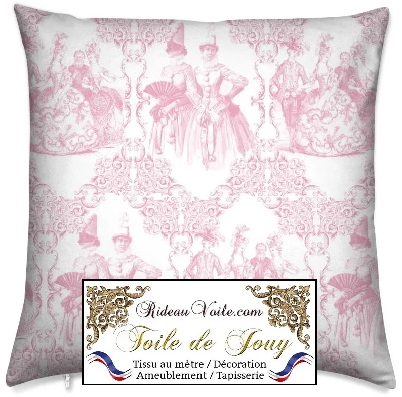 Tissu ameublement décod' intérieur style toile de Jouy rose tissu au mètre rideau
