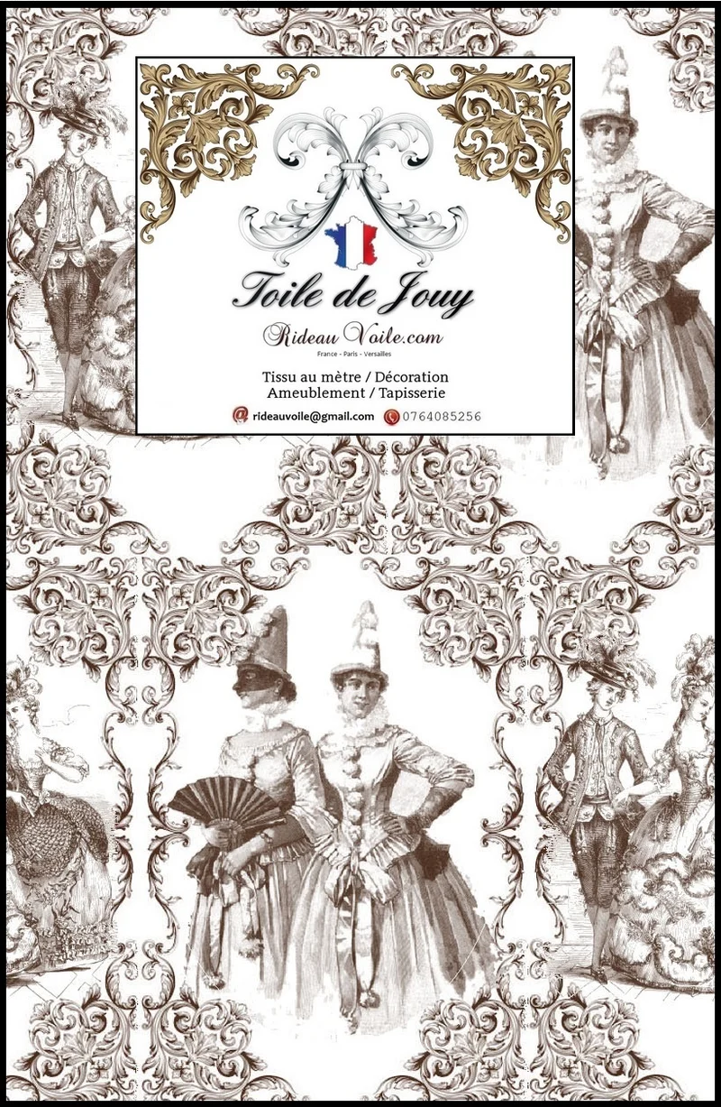 Décoration motif Toile de Jouy marron tissu mètre ameublement tapissier décorateur