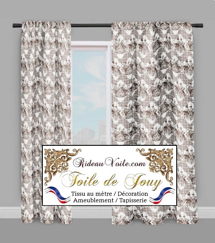 Décoration motif Toile de Jouy marron tissu mètre ameublement tapissier décorateur
