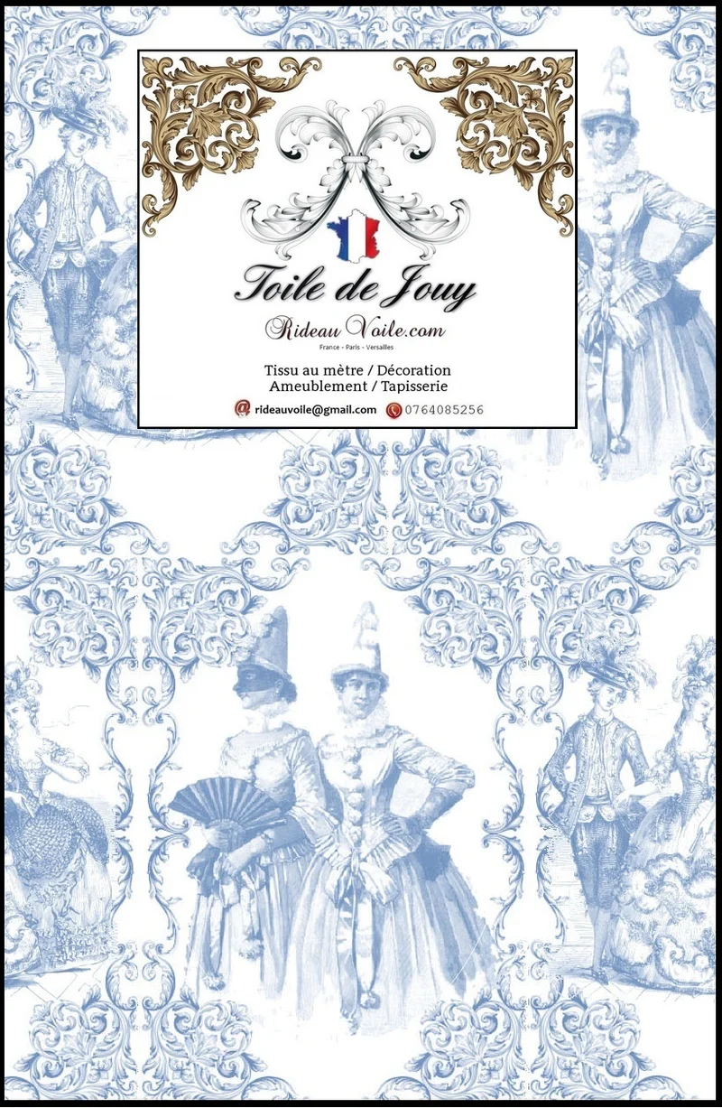 Toile de Jouy bleu tissu au mètre décoration ameublement tapisserie