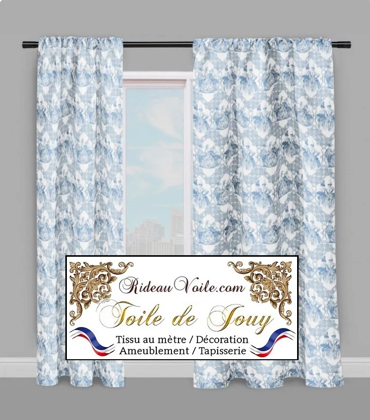 Toile de Jouy bleu tissu au mètre décoration ameublement tapisserie