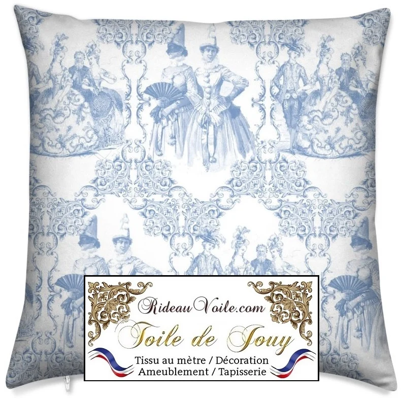 Toile de Jouy bleu tissu au mètre décoration ameublement tapisserie