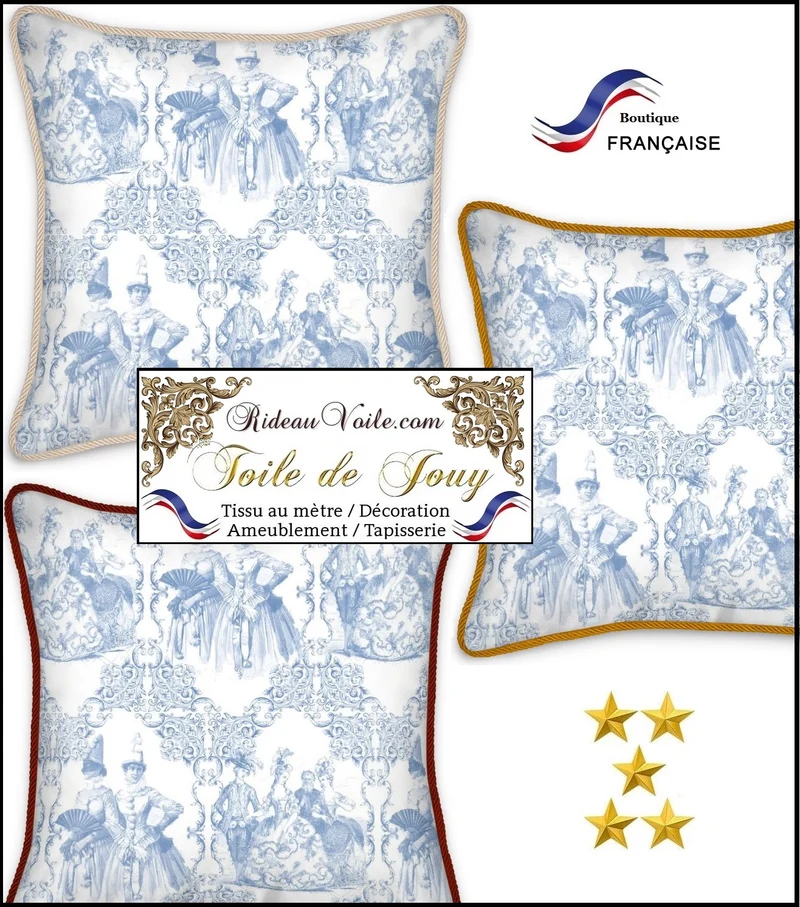 Toile de Jouy bleu tissu au mètre décoration ameublement tapisserie