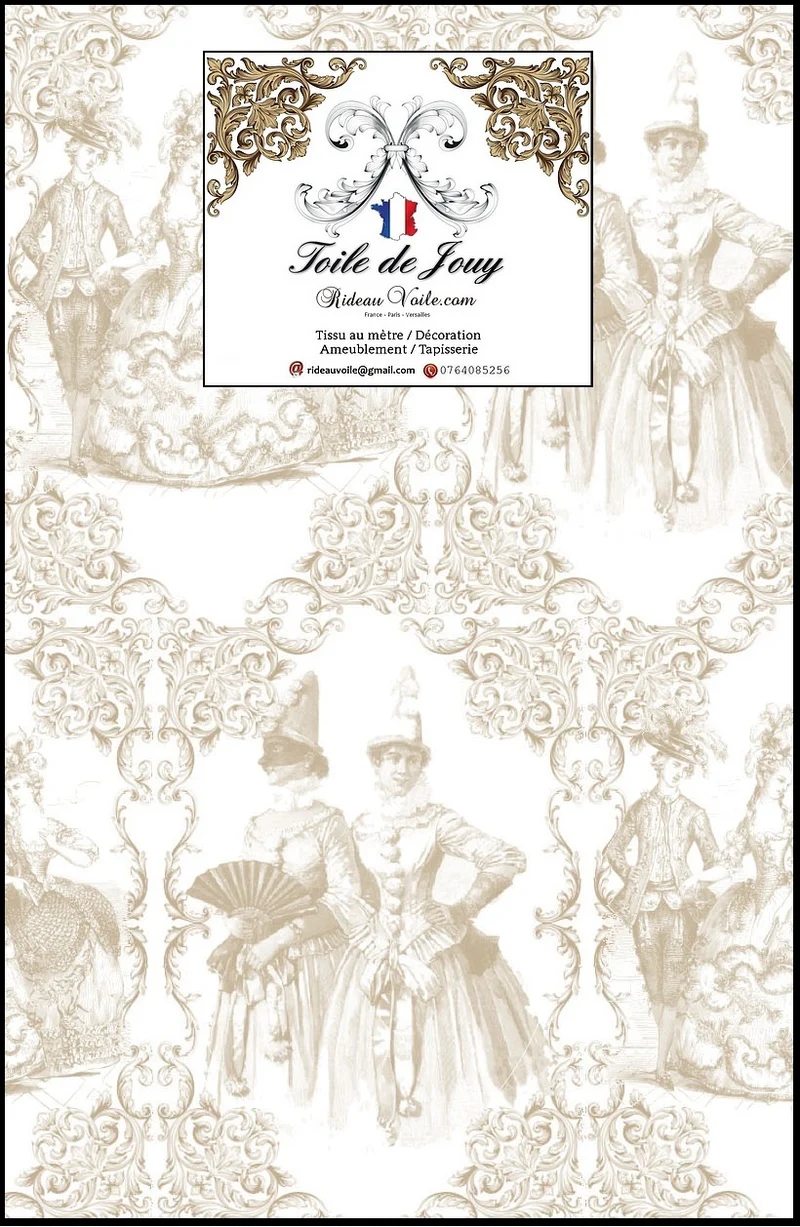Toile de Jouy beige tissu au mètre déco d'ameublement tapisserie rideau voilage
