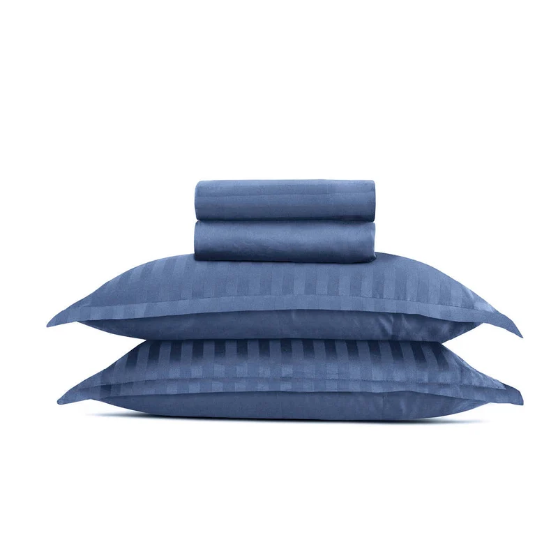 Ensemble de draps satin de coton rayure tissé dobby - Bleu