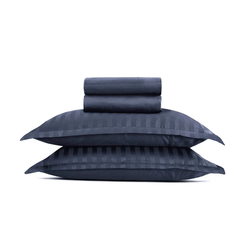 Ensemble de draps satin de coton rayure tissé dobby - Bleu foncé